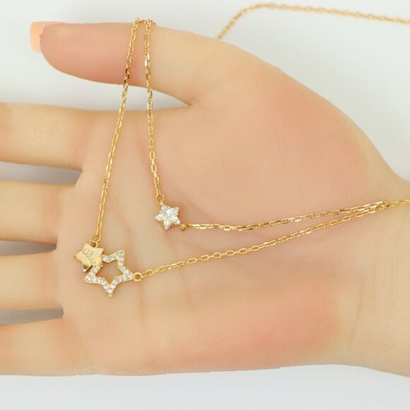 "Double-Layered Rose Gold Necklace with Sparkling Star Charms, XPNL0152 - Picture 3 of 14